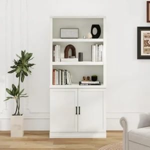 5 Shelf Tall Bookcase with Doors White Bookshelf
